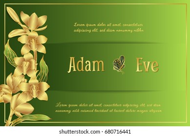 Cymbidium orchids card by hand drawing.Flower wedding card on green background.Set of gold orchids vector. 