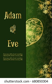 Cymbidium orchids card by hand drawing.Flower wedding card on green background.Set of gold orchids vector. 