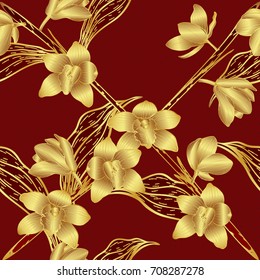 Cymbidium orchids pattern by hand drawing.Gold flower vector on red background.Gold orchids seamless for wallpaper or batik batik cloth.