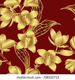 Cymbidium orchids pattern by hand drawing.Gold flower vector on red background.Gold orchids seamless for wallpaper or batik batik cloth.