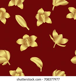 Cymbidium orchids pattern by hand drawing.Gold flower vector on red background.Gold orchids seamless for wallpaper or batik batik cloth.