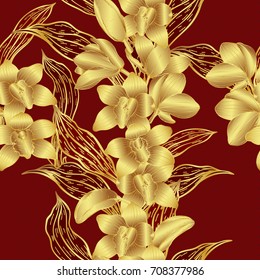 Cymbidium orchids pattern by hand drawing.Gold flower vector on red background.Gold orchids seamless for wallpaper or batik batik cloth.