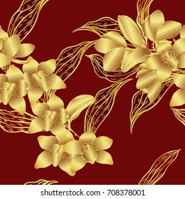 Cymbidium orchids pattern by hand drawing.Gold flower vector on red background.Gold orchids seamless for wallpaper or batik batik cloth.