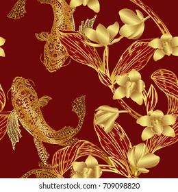 Cymbidium orchids pattern by hand drawing.Gold flower vector on red background.Gold orchids seamless for wallpaper or batik batik cloth.