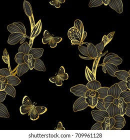 Cymbidium orchids pattern by hand drawing.