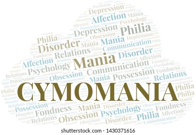 Cymomania word cloud. Type of mania, made with text only.