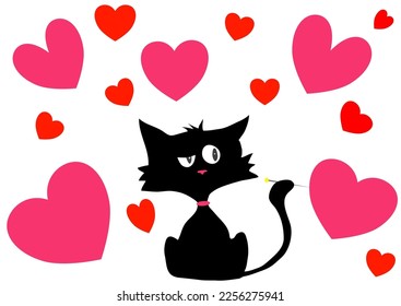 Cynical black cat hates valentines day and love celebration holidays, trying to pierce all pink and red hearts around with very sharp pointed pin, isolated on white background