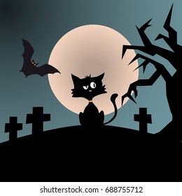 Cynical black cat in a horror scene, tree, grave and bat silhouettes, full moon