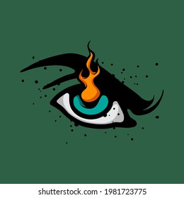 Cynical eye with fire flame vector concept. Sight, see, vision and flame illustration