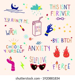 Cynical quotes and phrases, ironic affrimations. Minimalistic collection of colofrul lettering and simple illustrations. Tatoo and stickers ideas. Grunge girly stuff