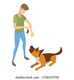 Cynologist give meat to dog icon. Isometric of cynologist give meat to dog vector icon for web design isolated on white background