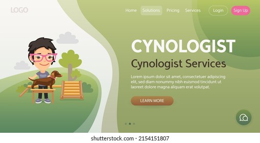 Cynologist Services website template. Illustration of a cartoon cynologist with dachshund. Composition with a professional. Flat female character.