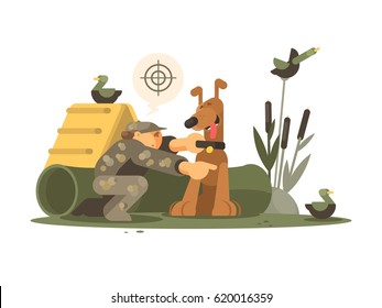 Cynologist training hunting dog