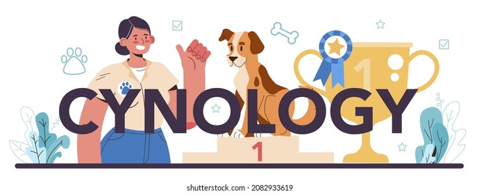Zyniologische typografische Header. Training für Hunde im sozialen Dienst. Ein Hundeführer trainiert einen Hund, um Hilfe und Retter zu sein. Rutsche Haustiere helfen Menschen. Vektorgrafik