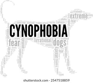 Cynophobia: Fear of Dogs word cloud conceptual design isolated on white background.