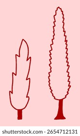 Desenhado à mão contorno de cipreste. Árvores cipreste mediterrâneo isoladas em um fundo, ilustração Vetor plano. Arquivos recortados Eps para Cricut
