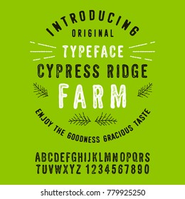 Cypress Ridge Farm. Hand Made handwritten Alphabet. Vintage Retro Decorative Type.Hand Drawn Font. Vector illustration.
