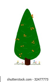 Cypress tree with cones and flowers