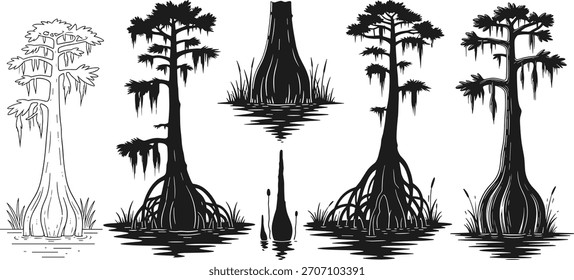 Cypress tree silhouettes, swamp forest vector set, black nature graphics, stylized botanical illustrations, abstract wetland designs, artistic tree roots, water reflection pack