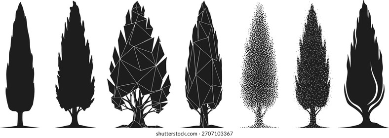 Cypress tree variations, stylized silhouette set, abstract botanical graphics, black nature icons, artistic tree forms, vector illustration pack, textured foliage design