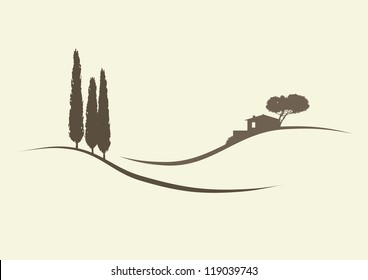 cypress trees   finca in the typical tuscanian vector landscape