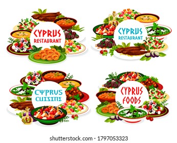 Cyprian cuisine vector meals avgolemno, salad with grapefruit and goat cheese, greek pickled vegetables. Peasant and baked eggplant salad with pilaf in larnakski style, Greek Cyprus dishes round frame