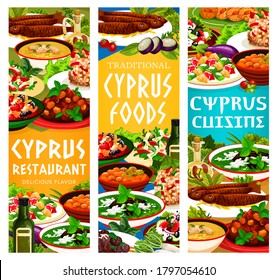 Cyprian food vector meals baked eggplant salad, cold cream cucumber soup and greek pickled vegetables with pilaf in larnakski style and grilled sea fish, peasant salad, Cyprus cuisine dishes banners