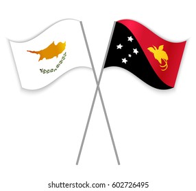 Cypriot and Papuan crossed flags. Cyprus combined with Papua New Guinea isolated on white. Language learning, international business or travel concept.