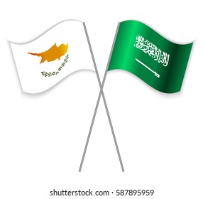 Cypriot and Saudi Arabian crossed flags. Cyprus combined with Saudi Arabia isolated on white. Language learning, international business or travel concept.