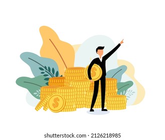 A cyprocurrency investor gain higher money cartoon flat vector illustration. Earning on cryptocurrency. A business man hodling coin and rising hand with a pile of coin as a background. 