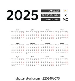 Cyprus Calendar 2025. Week starts from Monday. Vector graphic design. Turkish language.