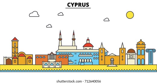 Cyprus, Cyprus. City skyline: architecture, buildings, streets, silhouette, landscape, panorama, landmarks. Editable strokes. Flat design line vector illustration concept. Isolated icons set