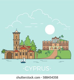 Cyprus country design template. Linear Flat famous historic sight; cartoon style web site vector illustration. World travel and showplace in Europe, European vacation collection