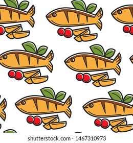 Cyprus cuisine roasted fish tomato and fried potato seafood seamless pattern vector culinary and cooking salmon garnish and vegetables, endless texture food and meal restaurant menu wallpaper print