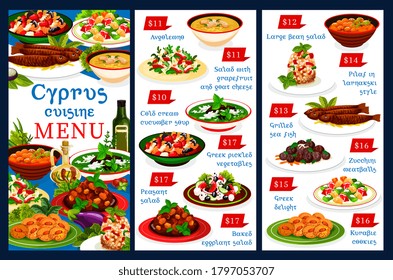 Cyprus cuisine vector food menu avgolemno, salad with grapefruit and goat cheese, cream cucumber soup. Greek pickled vegetables, pilaf in larnakski style, grilled fish, kurabie cookies Cyprian meals