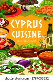 Cyprus cuisine vector Greek food avgolemno, salad with grapefruit and goat cheese, cold cream cucumber soup, greek pickled vegetables. Zucchini meatballs, kurabie cookies meals, Cyprian dishes poster