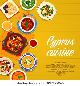 Cyprus cuisine vector lemon chicken soup avgolemono, baked eggplant, greek or bean salad. Marinated vegetables, cucumber cream soup with feta, pilaf, grapefruit salad with goat cheese Cypriot food