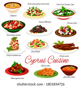 Cyprus cuisine vector menu avgolemno, zucchini meatballs, salad with grapefruit and goat cheese. Cold cream cucumber soup, greek pickled vegetables, grilled sea fish, kurabie cookies Cyprian meals