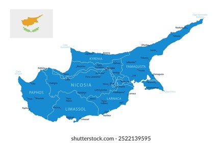 Cyprus - detailed blue country map with cities and regions. Vector illustration.