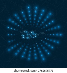 Mapa digital de Chipre. Rayos brillantes irradiando desde el país. Conexiones de red y diseño de telecomunicaciones. Ilustración vectorial.