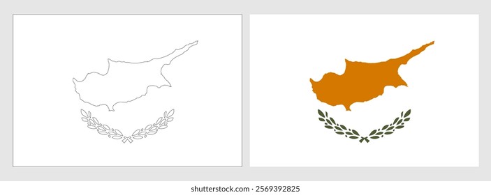 Cyprus flag - coloring page. Set of white wireframe thin black outline flag and original colored flag.