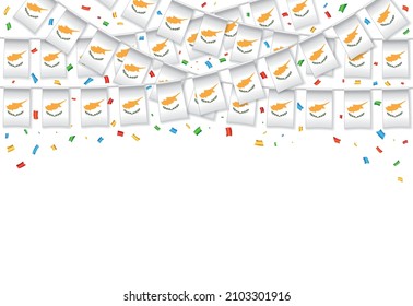 Cyprus flag garland white background with confetti, Hang bunting for Cyprus independence day celebration template banner, Vector illustration