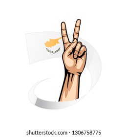 Cyprus flag and hand on white background. Vector illustration