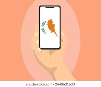 Bandera de Chipre en la pantalla del teléfono móvil, sosteniendo el teléfono inteligente, medios sociales de publicidad o concepto de banner, bandera de Chipre que se muestra en la pantalla del teléfono, idea de noticias de tecnología