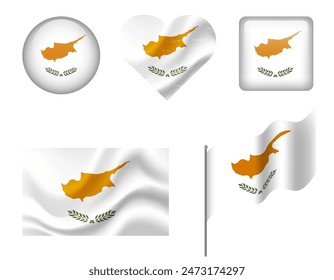 Zypern Flagge - Satz von Symbolen. Vektorgrafik-Fahne von Zypern, Symbol. Set von Zypern-Fahnen - Button, geschwenkt, Herz.