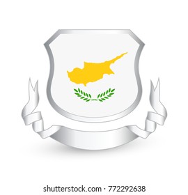 Cyprus flag in shield and ribbon. Vector illustration.