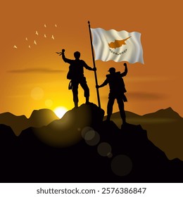 Cyprus flag, silhouette of two climbers holding flags at sunset