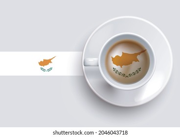 Cyprus flag with a tasty coffee cup on top view and a gradient background. Hot beverage with Cyprus flag, vector illustration.