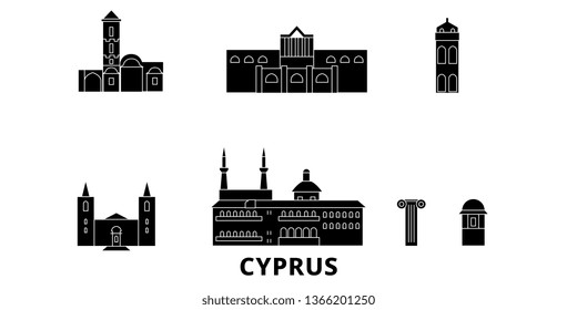 Cyprus flat travel skyline set. Cyprus black city vector illustration, symbol, travel sights, landmarks.