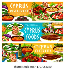 Cyprus food cuisine vector peasant, baked eggplant and large bean salads, avgolemnoand pilaf in larnakski style. Meals grilled sea fish, zucchini meatballs and greek delight Cyprian dishes banners